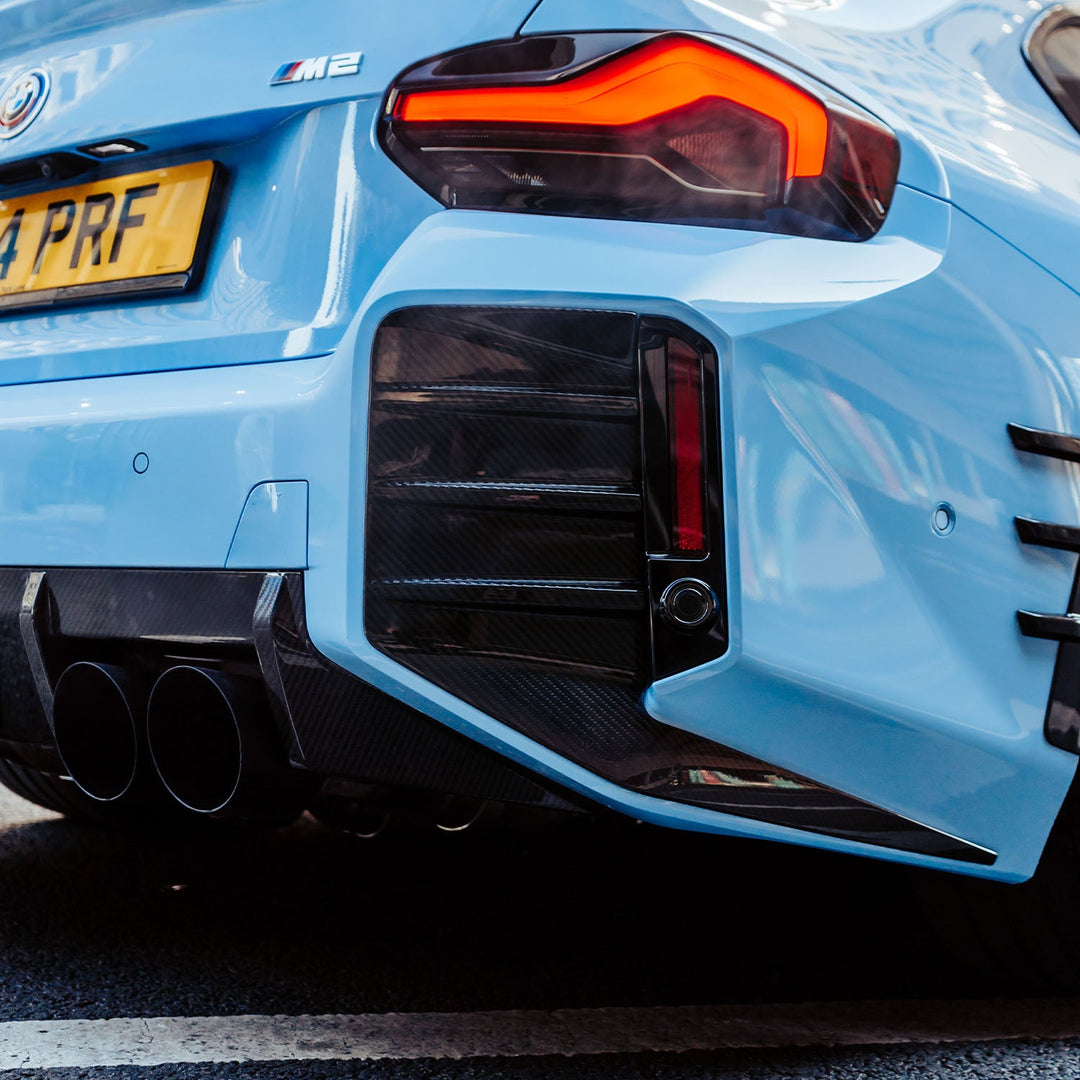 MHC+ BMW M2 G87 Performance Style Rear Rear Bumper Inserts In Pre Preg Gloss Carbon Fibre (G87)