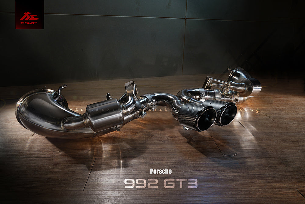 Fi-Exhaust - PORSCHE 911 992 4.0L GT3 - Valvetronic muffler + Dual Silver Tips (OEM Valve compatible) Stainless Steel  - PH-992GT3F-CBOE-CAP-01S*2+TIP70101S*2